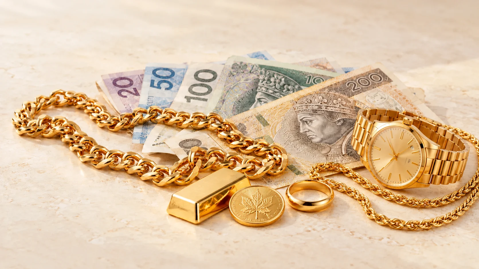 Złoty zegarek z metalową bransoletą, moneta Liść Klonowy, dwa złote łańcuszki, sztabka, obrączka i banknoty — ilustracja poglądowa